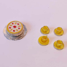 Lundby oldies tårta och 4 gula kaffekoppar