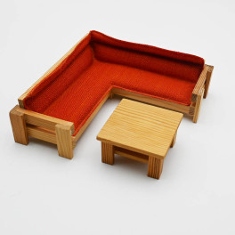 Lundby Hörnsoffa orange och bord furu