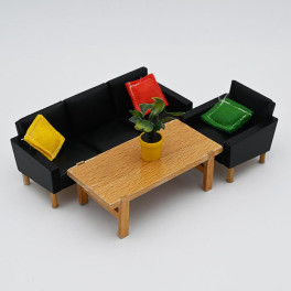 Lundby Soffgrupp i svart skinnimitation med kuddar och blomma